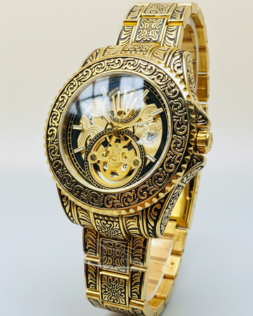 Rolex Engraved Skeleton Dial – Full Gold Tone with Ornate Detailing