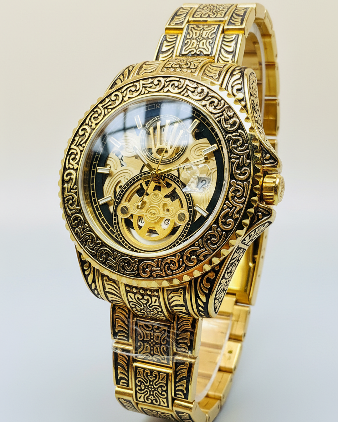 Rolex Engraved Skeleton Dial – Full Gold Tone with Ornate Detailing