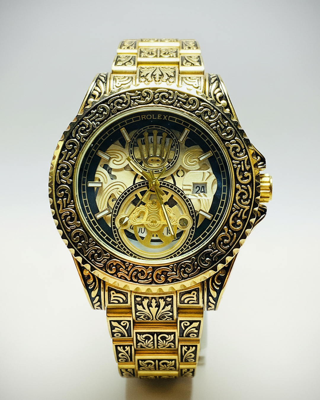 Rolex Engraved Skeleton Dial – Full Gold Tone with Ornate Detailing