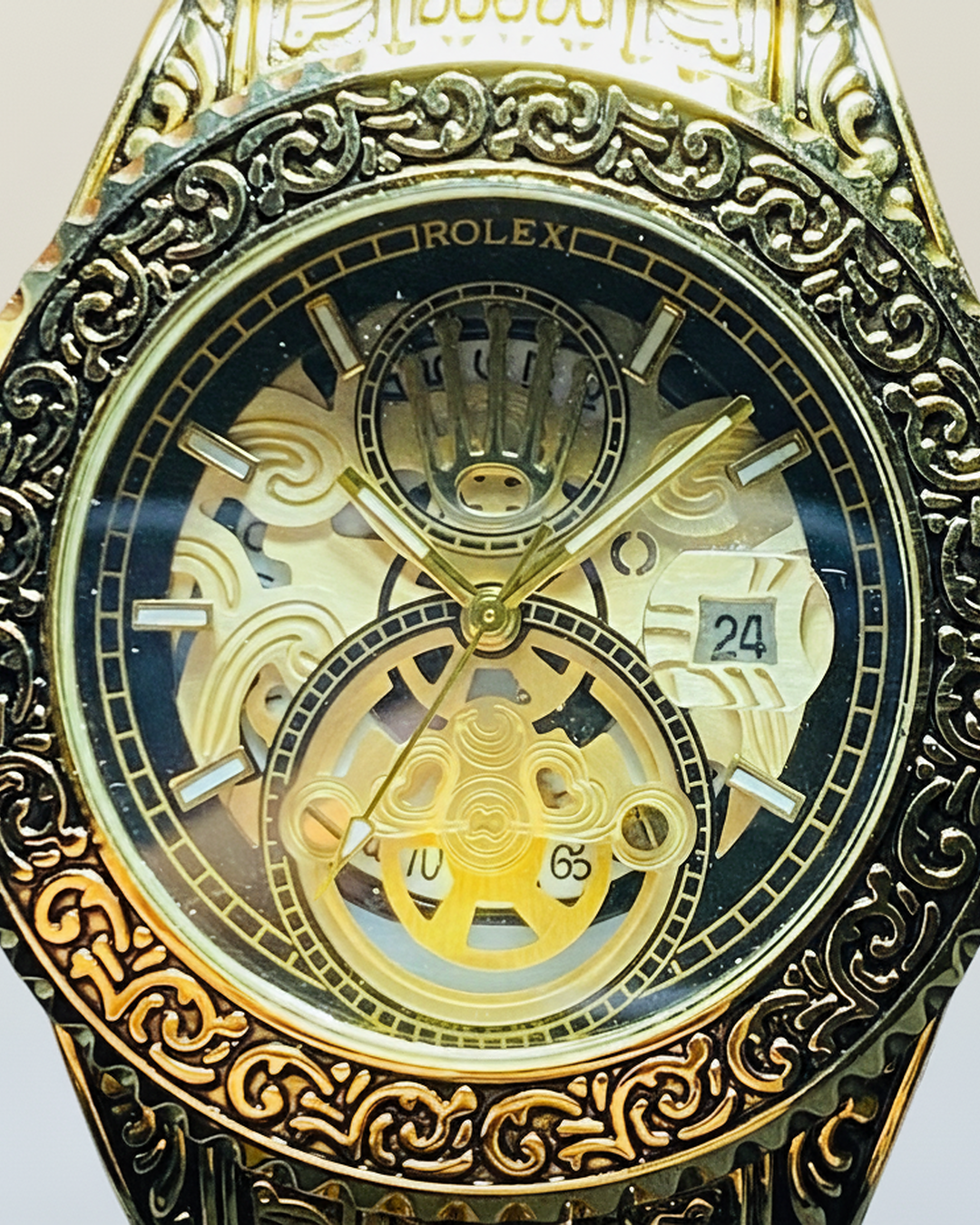 Rolex Engraved Skeleton Dial – Full Gold Tone with Ornate Detailing
