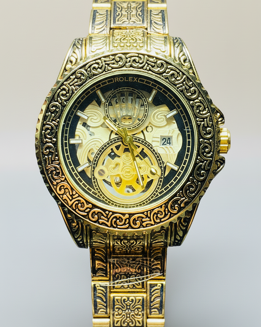 Rolex Engraved Skeleton Dial – Full Gold Tone with Ornate Detailing