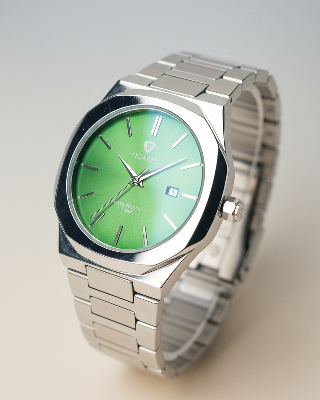 Ticarto Luxury Silver Bracelet Watch – Green Sunray Dial