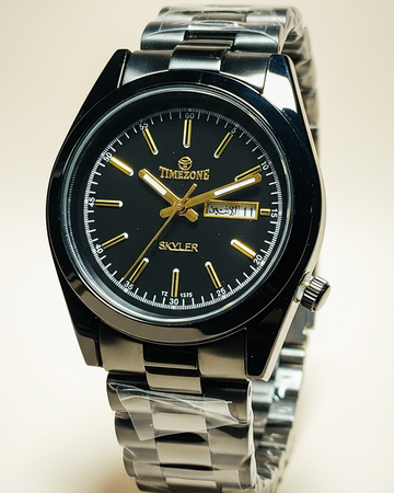 Timezone Skyler – Black Dial Stainless Steel with Gold Accents