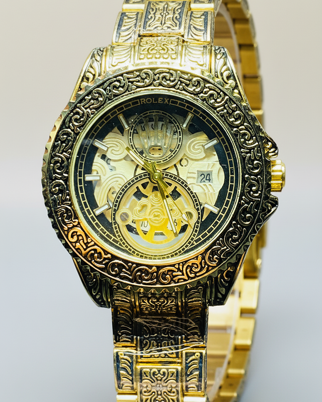 Rolex Engraved Skeleton Dial – Full Gold Tone with Ornate Detailing